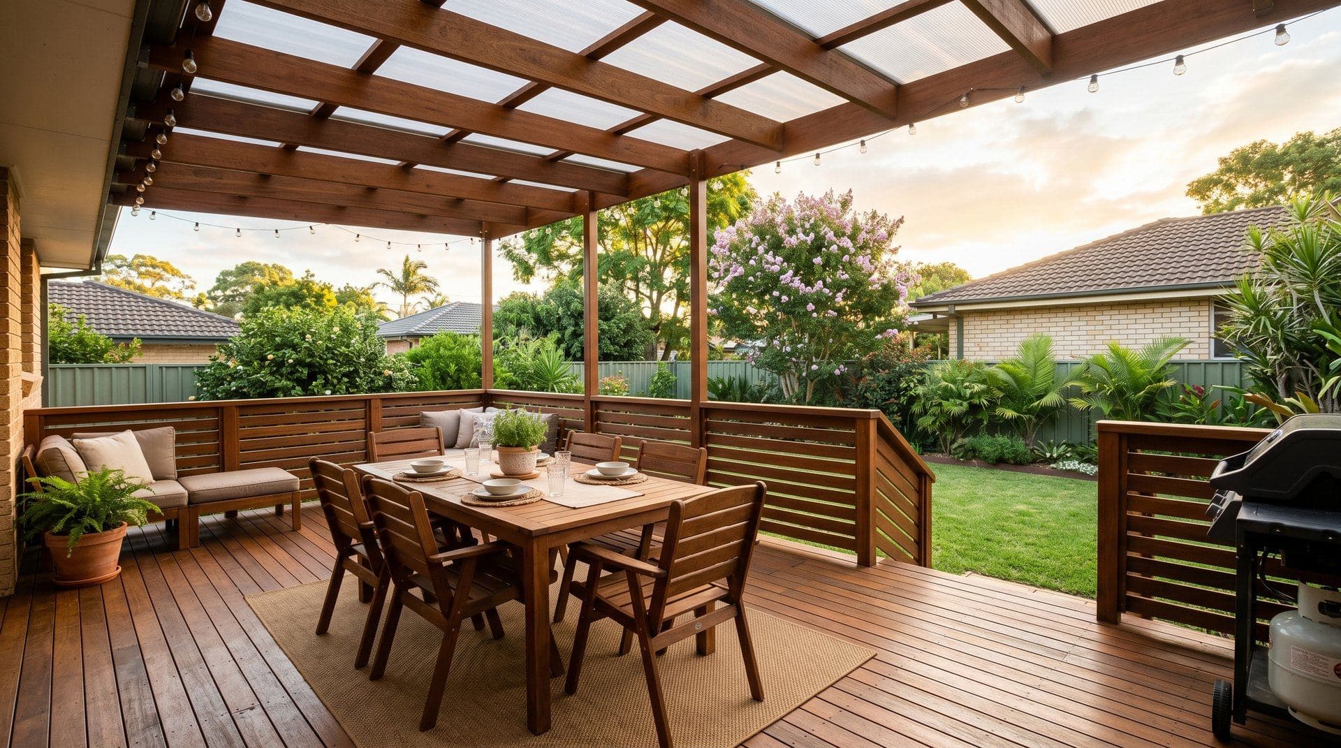 A finished timber deck and covered outdoor living area built by Takara Construction in Newcastle